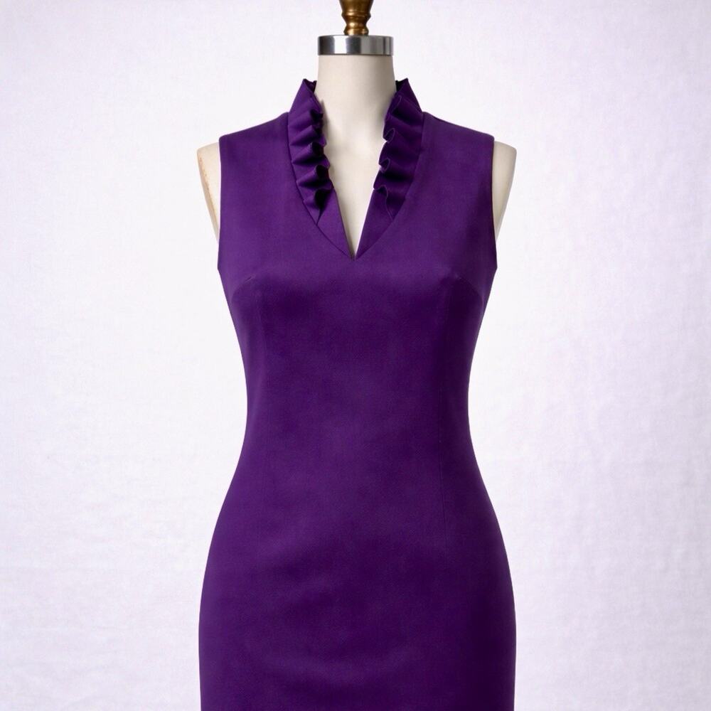 Calvin Klein Purple Sheath Dress Women’s Size 6 Ruffle Neck Zip Front Career R12